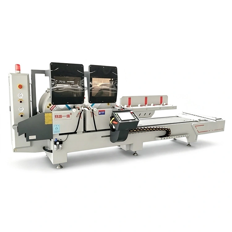 Sierra cortadora CNC de doble cabezal para corte a 45° y 90°