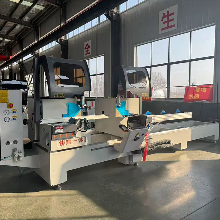 Máquina cortadora de perfiles de aluminio con sierra ingleteadora de doble cabezal semiautomática